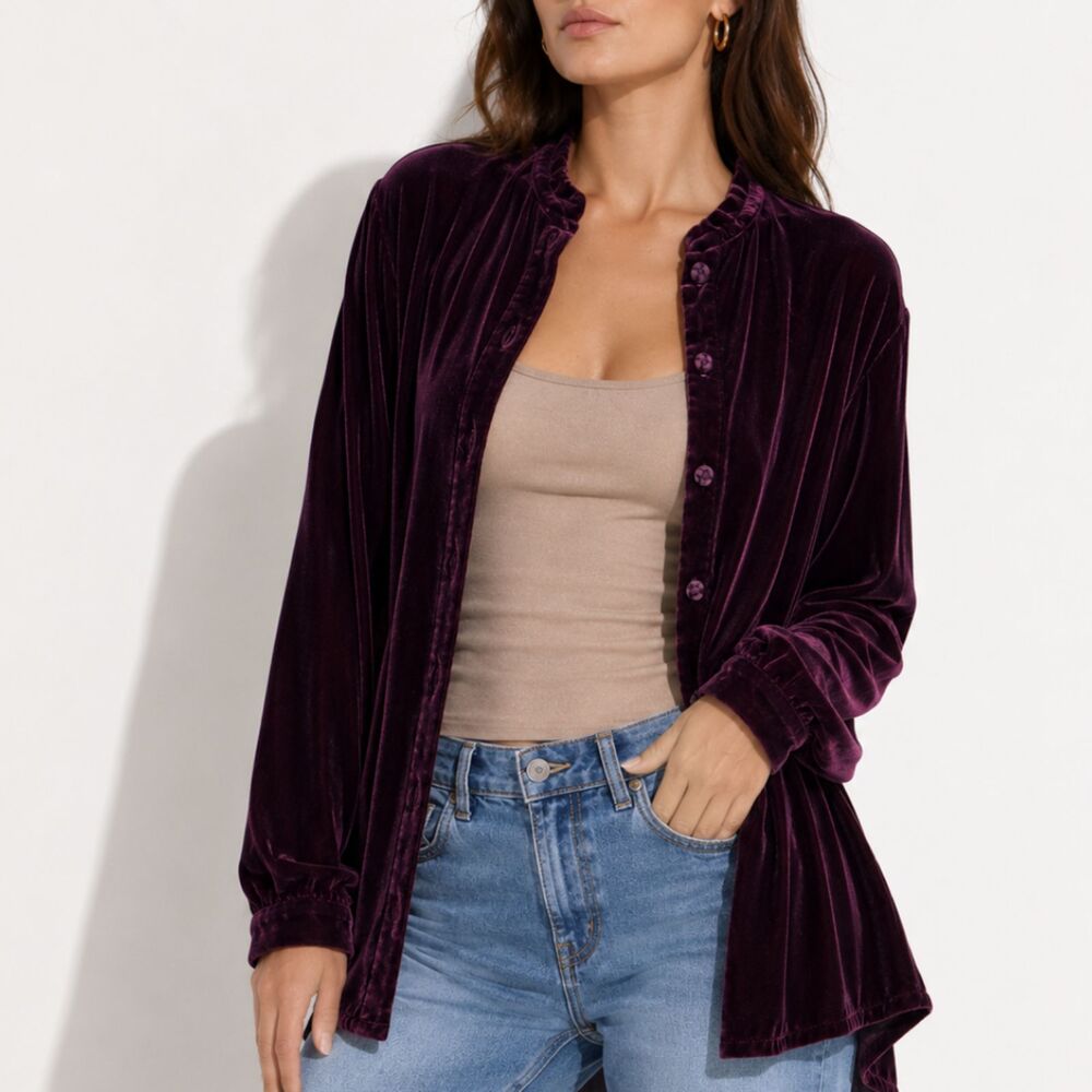 Eileen Fisher M Burgundy Velvet Silk Blend Blouse Mandarin Collar Lagenlook Top